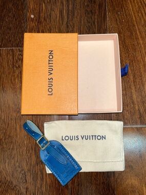Louis Vuitton Blue Leather Luggage Tag with Brass Buckle